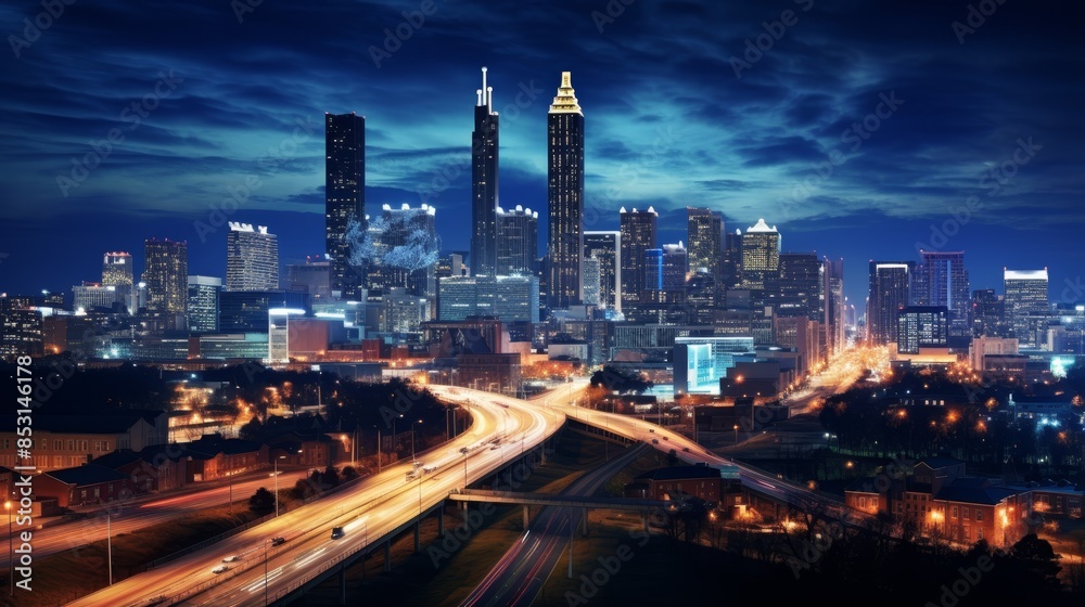 Fototapeta premium Nighttime cityscape of a modern urban skyline with illuminated skyscrapers and bustling streets. The high-rise buildings and vibrant lights create a stunning view of the city at night