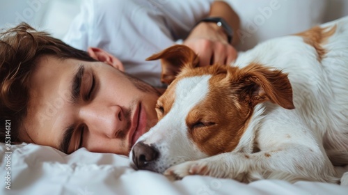 Man Resting in Bed With Brown and White Dog