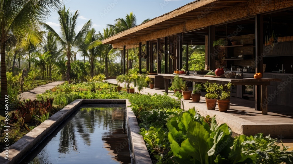 Tropical outdoor patio with lush greenery and a reflecting pool, adjacent to a modern open-air dining area. The setting includes potted plants and palm trees, creating a serene and inviting atmosphere Tropical outdoor patio with lush greenery and a reflecting pool, adjacent to a modern open-air dining area. The setting includes potted plants and palm trees, creating a serene and inviting atmosphere