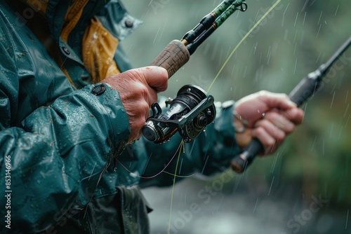 Fishermans Hand Holding a Fishing Rod in the Rain