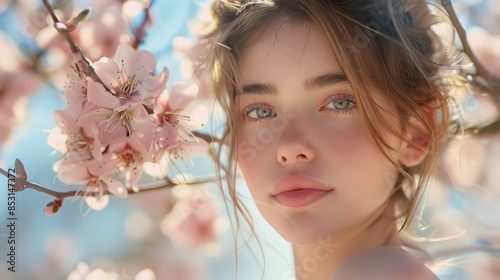 Young Woman Standing Under Blossoming Tree