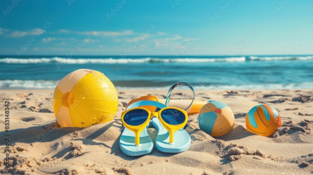 Summer vacation concept: flip-flops, beach ball, and snorkel on the sand Summer vacation concept: flip-flops, beach ball, and snorkel on the sand