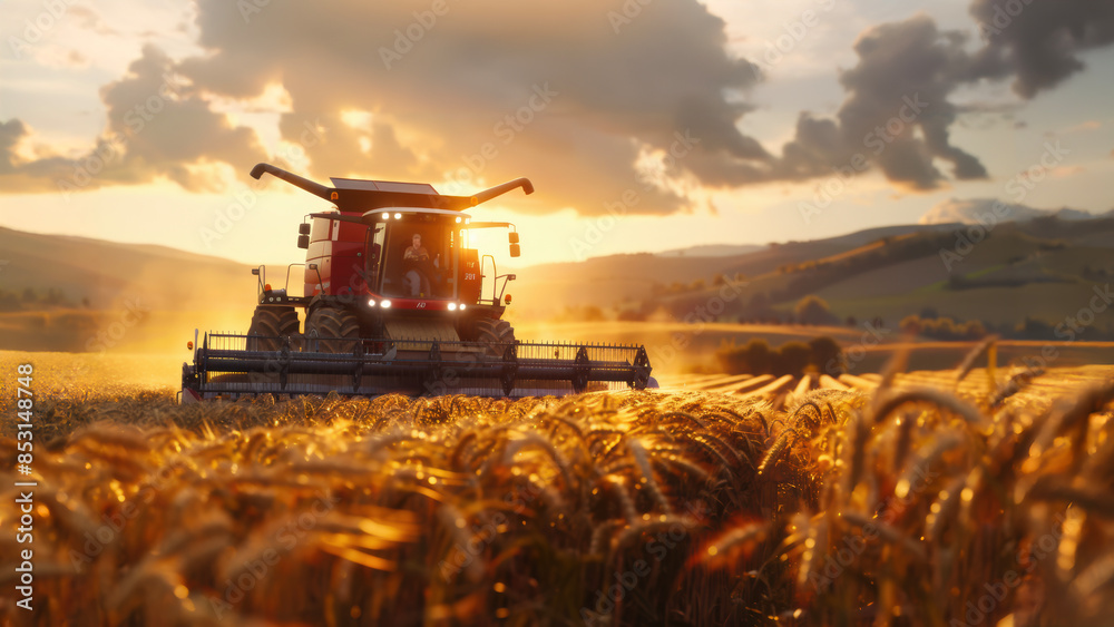 Fototapeta premium Aerial view of combine harvester the wheat field, working the farm land.