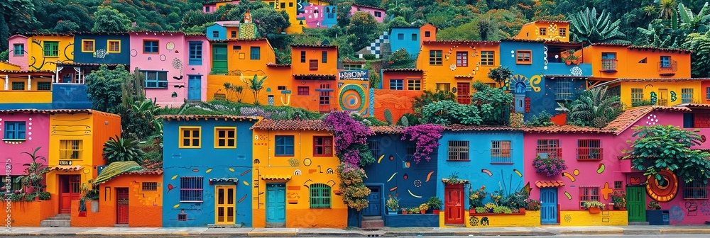 himsical, cartoon-style illustration of the vibrant essence of this neighborhood in Medellin, Colombia himsical, cartoon-style illustration of the vibrant essence of this neighborhood in Medellin, Colombia