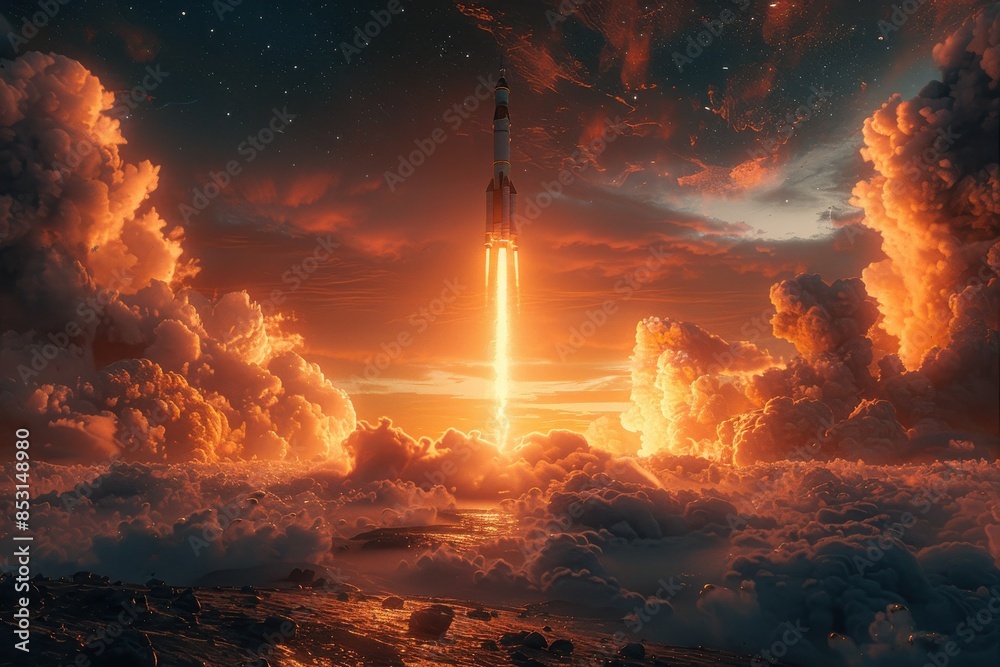 Rocket Launch Through Dramatic Clouds at Sunset. Rocket Launch Through Dramatic Clouds at Sunset.
