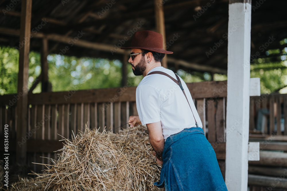A young farmer working in a barn, handling a haystack. He is wearing a brown hat and a denim apron, representing rustic, rural life. A young farmer working in a barn, handling a haystack. He is wearing a brown hat and a denim apron, representing rustic, rural life.