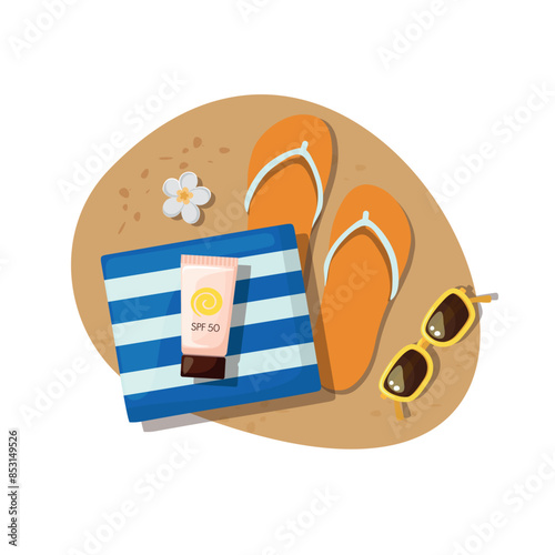 Beach accessories on sandy beach on white background.