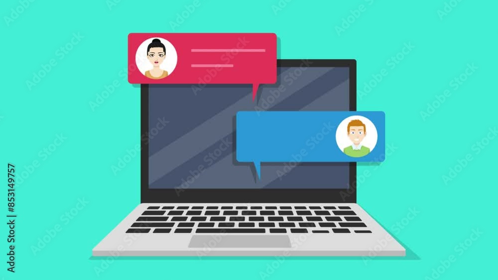 Video of people having chat on laptop screen. People avatars in talking bubble shows on laptop screen. First woman is talking than man. Easy to edit animation. Video of people having chat on laptop screen. People avatars in talking bubble shows on laptop screen. First woman is talking than man. Easy to edit animation.