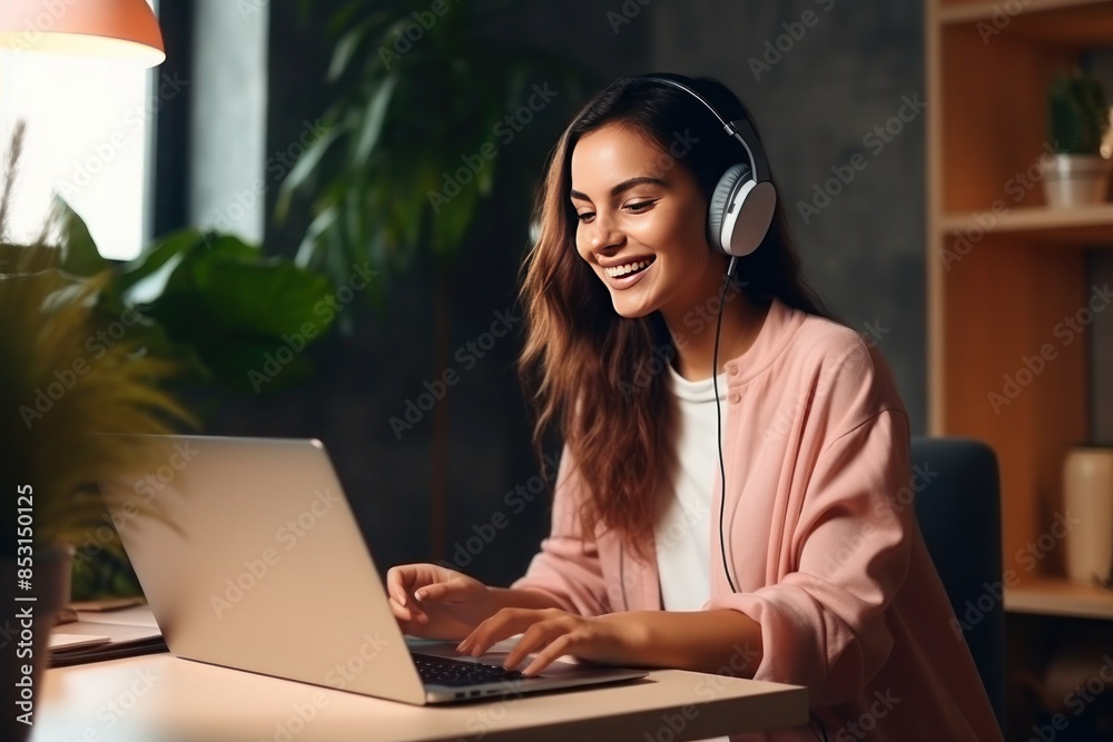 Young woman blogger in headphones smiling and typing on laptop home Young woman blogger in headphones smiling and typing on laptop home