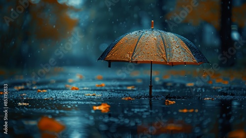 Wallpaper Mural transparent umbrella in water drops in puddle on road, natural abstract blurred background. Torontodigital.ca