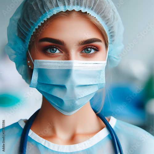 Eyes of young surgeon. Disposable sterile mask and cap on face of doctor. Surgical nurse. Surgery department.