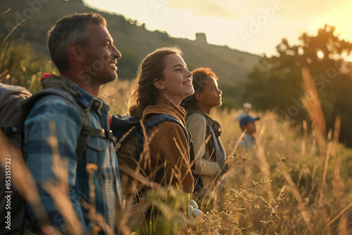 A diverse group of friends or family enjoying a day hiking outdoors, observing something interesting in the distance. Themes of unity, happiness, exploration, and diversity