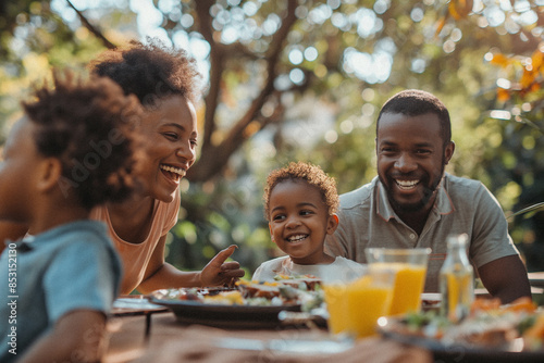 A diverse young family enjoying a summer day being outside together eating lunch in their beautiful backyard laughing with each other. Themes of unity, happiness and family
