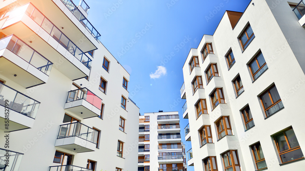 Fototapeta premium European residential architecture. Modern house facade exterior. New contemporary residential construction architecture background.