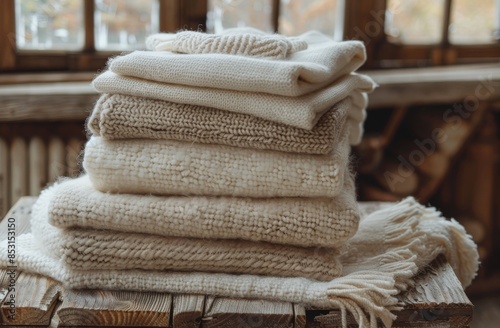 Stack of Knitted Blankets on a Wooden Table Near a Window