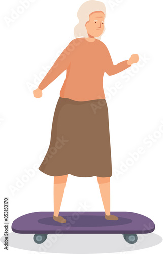 Elderly woman is skateboarding, maintaining an active lifestyle despite her age