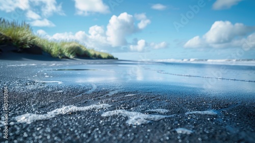 Ground level view of a beach with black sand