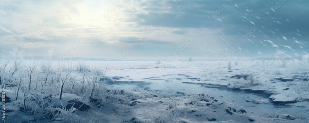 Obraz premium Winter snowy mountain with river in snow landscape.