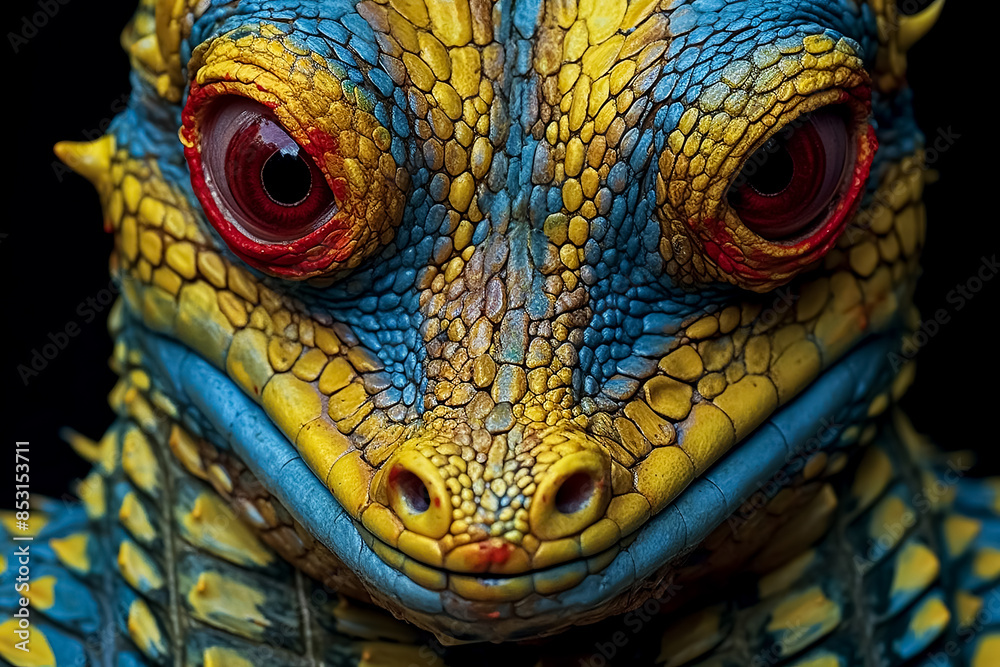 Fototapeta premium A close up of a lizard's face with blue eyes.