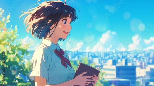 Anime girl with the books on the city background