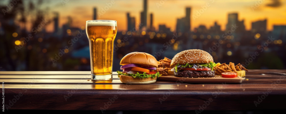 Finest hamburger and beer on table against blured city background Finest hamburger and beer on table against blured city background