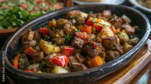 Mixed vegetables and cubed meat in Turkish Turlu dish