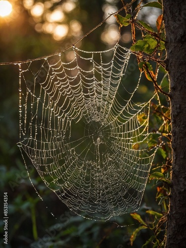 Spider web glistens with dew in soft morning light, intricately woven, attached to tree branch. Delicate threads highlighted by sunlight, creating shimmering effect against darker backdrop of foliage.