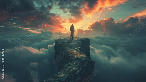 Silhouette of a Person Standing on a Clifftop During a Sunset Over the Clouds