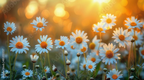 Field of Daisies With Sun Background