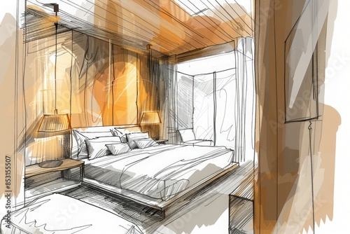 A hand-drawn sketch depicting a modern bedroom with a king-size bed, side table, and warm lighting.