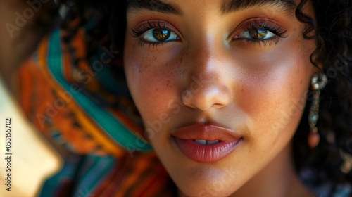 Close-Up Portrait of Woman with Freckles and Colorful Scarf © Pixel