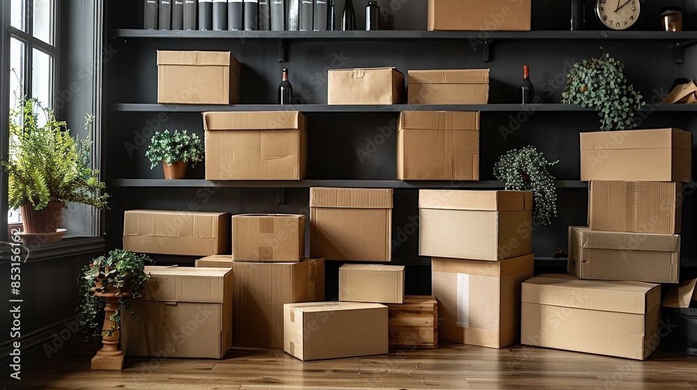 Neatly arranged packing supplies, cardboard boxes stacked and ready, organized moving preparation, bright room
