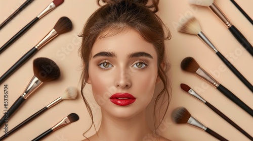 nstagram Post Featuring a Beautiful Woman with Makeup Brushes and Perfect Makeup, Wallpaper: Stunning Portrait of a Model Surrounded by Makeup Brushes and Flawless Makeup photo