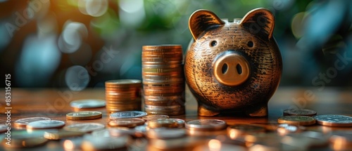 Growing savings account, piggy bank on a table, stacks of coins, optimistic and bright environment photo