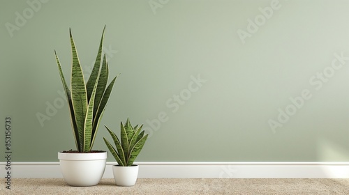 Elegant Interior with Two White Planters and Snake Plants Against a Dark Green Wall, Wallpaper: Modern Room Design Featuring White Pots and Lush Snake Plants with a Dark Green Background photo
