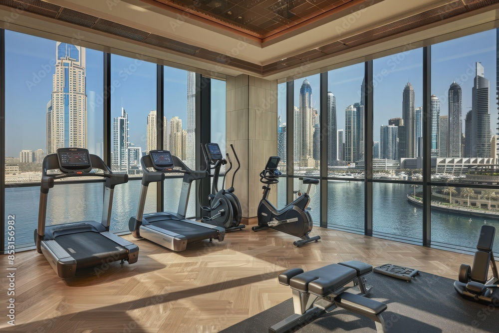 A modern gym with floor-to-ceiling windows overlooking the Dubai skyline and a waterfront. A modern gym with floor-to-ceiling windows overlooking the Dubai skyline and a waterfront.