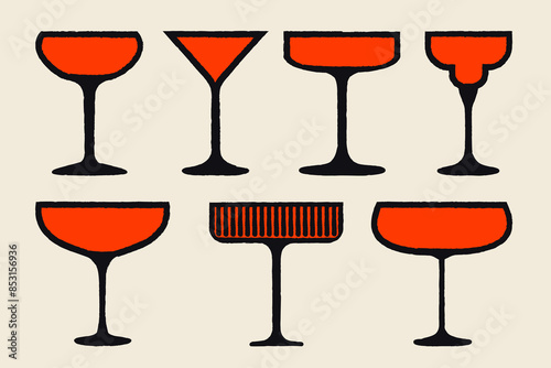 Stem glasses for alcoholic and non-alcoholic drinks. Margarita and tequila glass set. Vector illustration with texture. Silhouette drawing of glasses