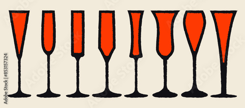Stem glasses for alcohol drinks. Wine, champagne, cocktail glass set. Vector illustration with texture. Silhouette drawing of glasses