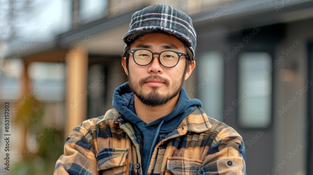 Man With Glasses and Hat Standing in Front of Store