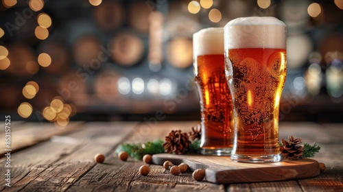 Two Glasses of Beer on Wooden Table