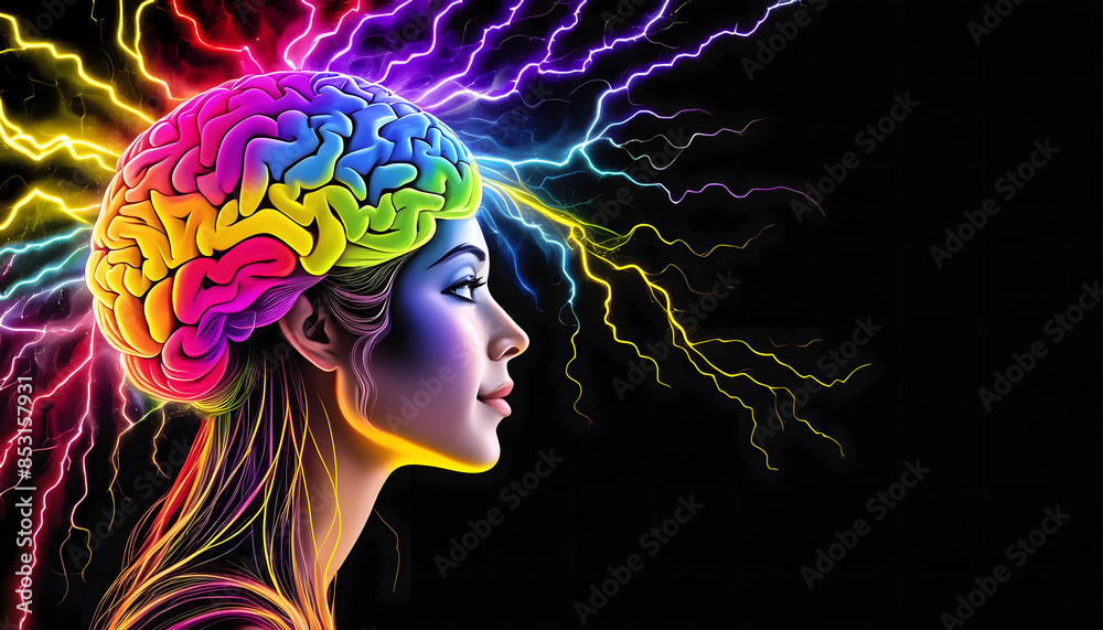 Vivid Mind: Illustrating ADHD in a Colorful Brain on a Black Background with Copyspace Vivid Mind: Illustrating ADHD in a Colorful Brain on a Black Background with Copyspace
