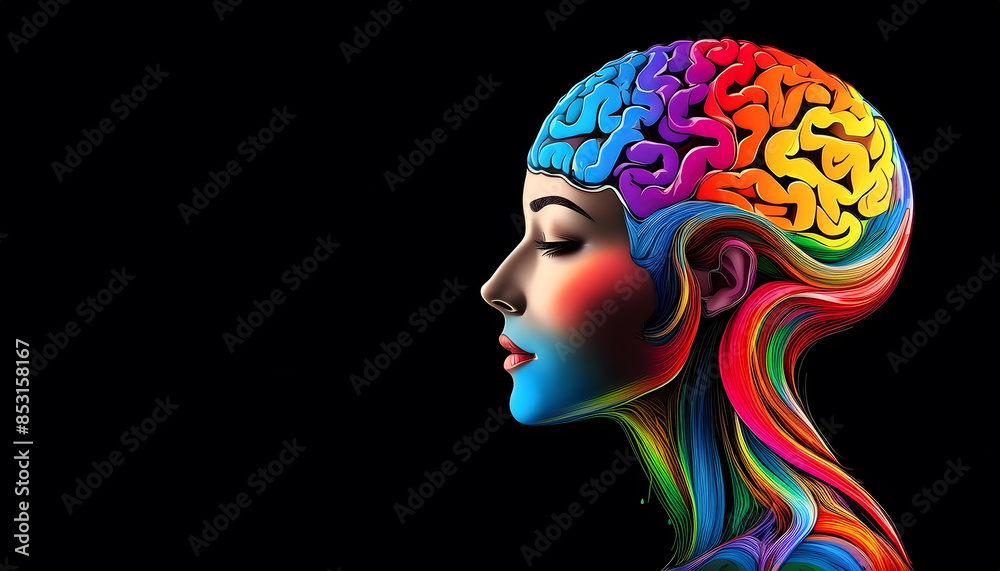 Vivid Mind: Illustrating ADHD in a Colorful Brain on a Black Background with Copyspace