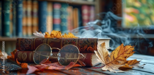 Open Book With Glasses And Autumn Leaves In A Library Setting
