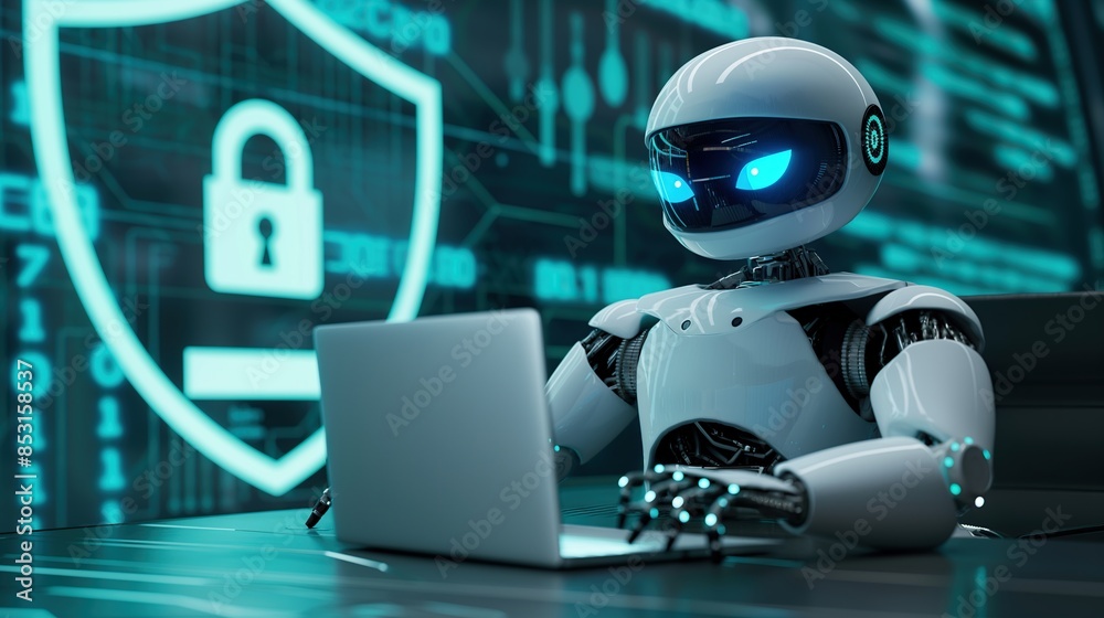 humanoid Ai robot sitting an office desk typing on laptop with digital security shield background