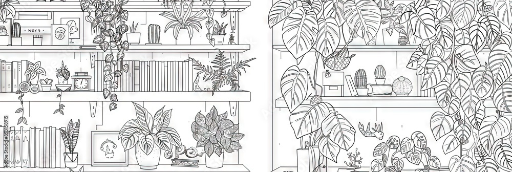 a coloring page of a boho plant room plenty of shelves with cute knick knacks, plants, shelves, books. a coloring page of a boho plant room plenty of shelves with cute knick knacks, plants, shelves, books.