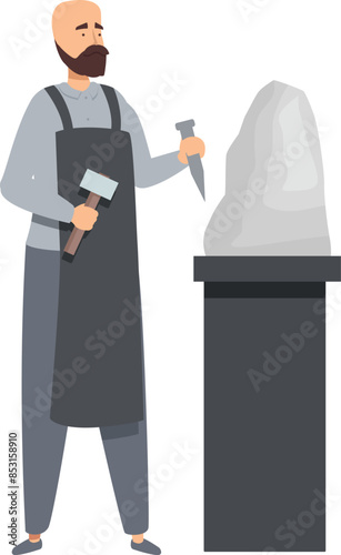 Male sculptor wearing an apron, holding a mallet and chisel, sculpting a stone block