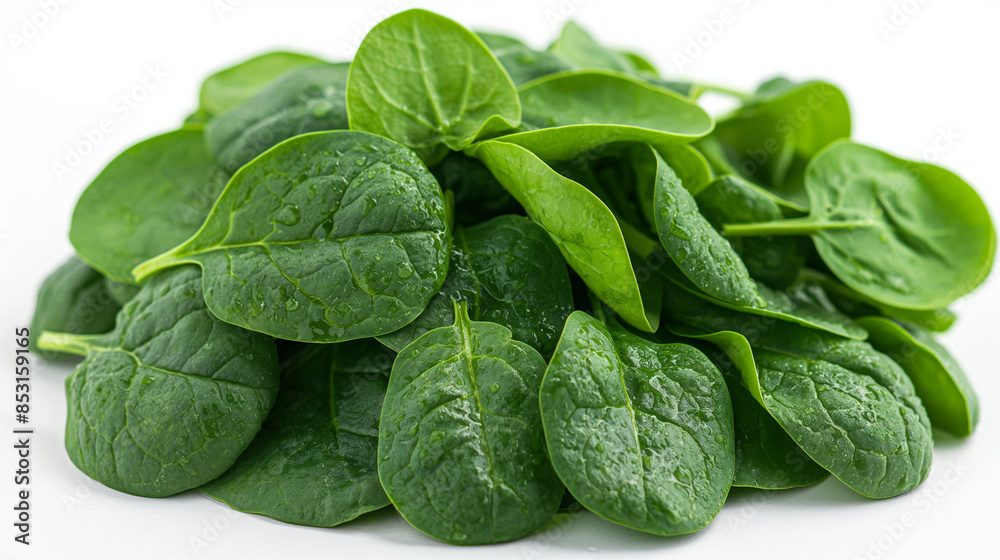 Fototapeta premium A cluster of spinach leaves, deep green and glossy with a hint of moisture clinging to their surface, isolated