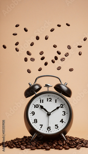 Coffee beans falling on a vintage alarm clock. Time for coffee
