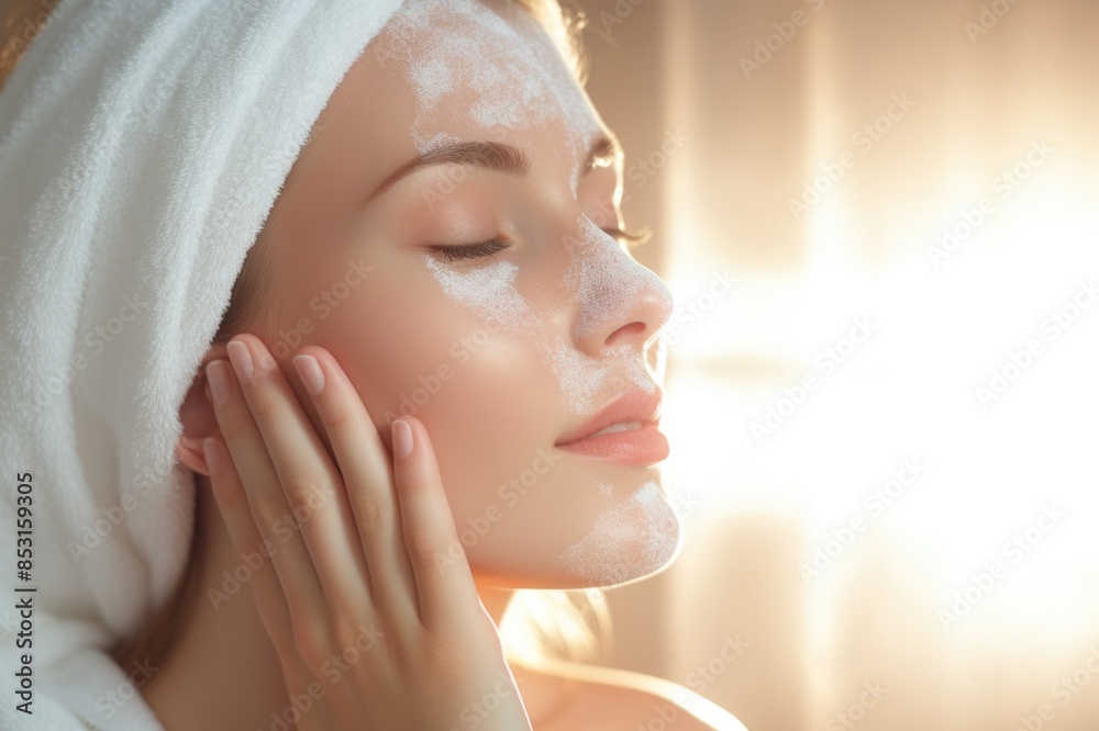 Woman with foam on her face enjoying skincare routine Woman with foam on her face enjoying skincare routine