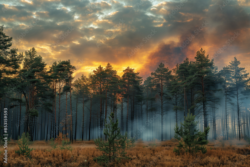 Naklejka premium Forest Fire Sunset With Smoke and Silhouetted Trees